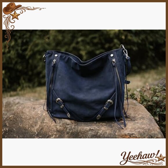 Large Faux Suede Hobo Bag with Fringe & Buckle Details, Shoulder Strap - Picture 3 of 7